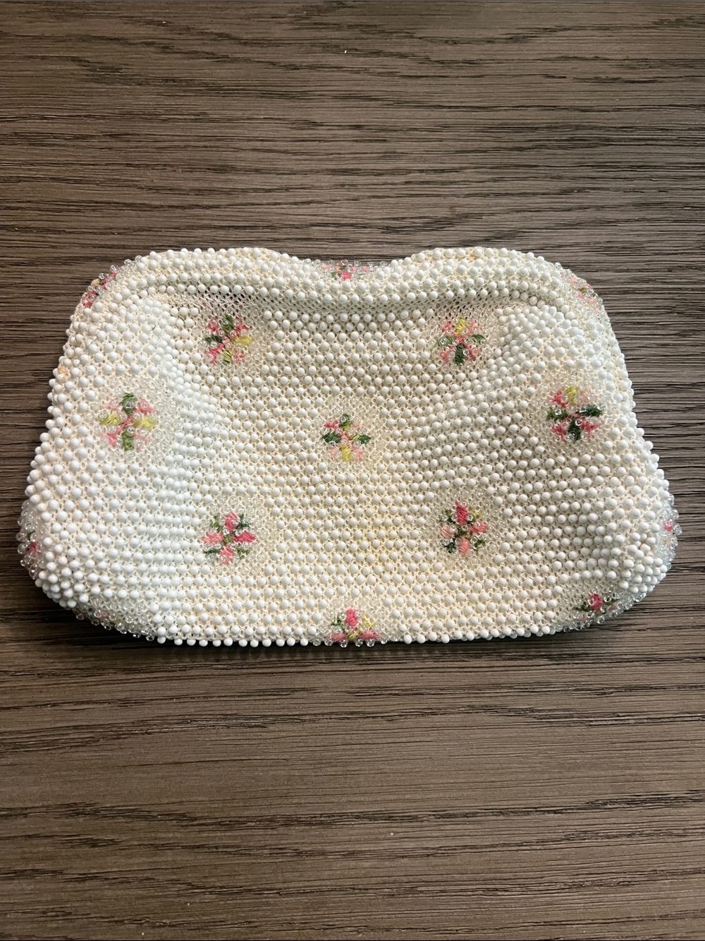 Vintage 1950's Corded Bead Clutch Cream Floral Bag